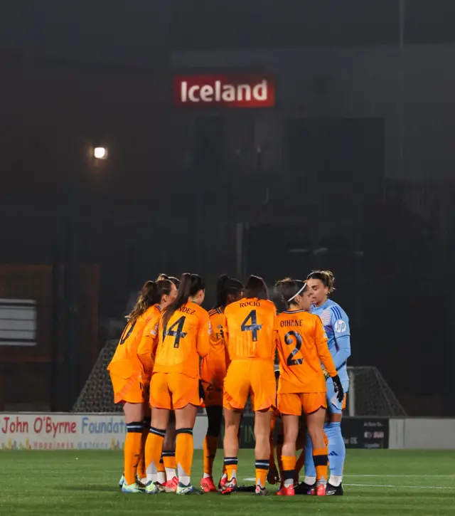 Real Madrid players huddle during a UEFA Women's Champions League Group Stage Matchday Five match between Celtic and Real Madrid at New Douglas Park