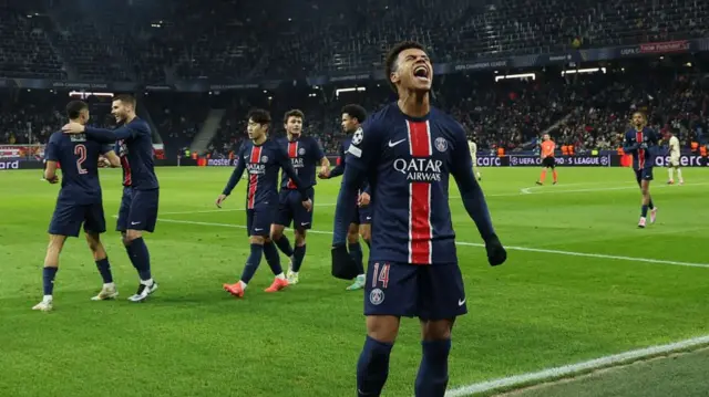 PSG players celebrate against Red Bull Salzburg