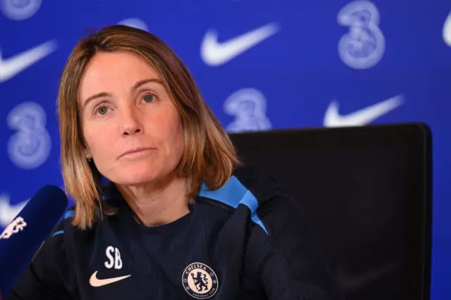 Sonia Bompastor, Head Coach of Chelsea speaks to media during a press conference at Chelsea Training Ground