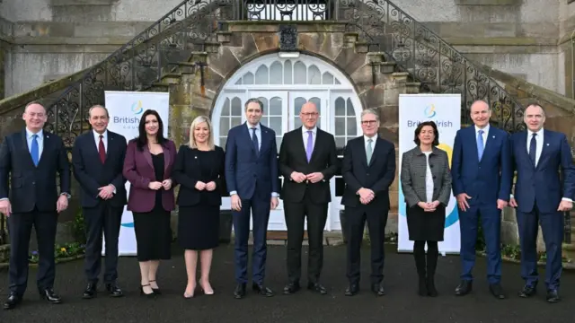 Left to right: Guernsey Chief Minister Lyndon Trott, Jersey Chief Minister Lyndon Farnham, Northern Ireland's deputy First Minister Emma Little-Pengelly, Northern Ireland's First Minister Michelle O'Neill, Taoiseach Simon Harris, Scotland's First Minister John Swinney, Prime Minister Keir Starmer, Wales' First Minister Eluned Morgan, Ireland's Tanaiste, Minister for Foreign Affairs and Minister for Defence Micheal Martin and Isle of Man's Chief Minister Alfred Cannan