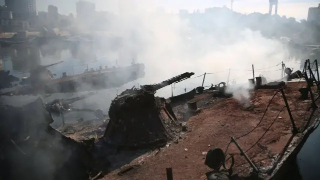 Damaged vessels at Latakia port after a reported Israeli air strike targeting facilities at the port, Latakia