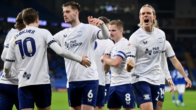 Preston celebrate goal at Cardiff