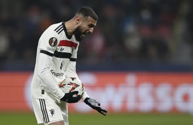 Manchester United's Noussair Mazraoui reacts