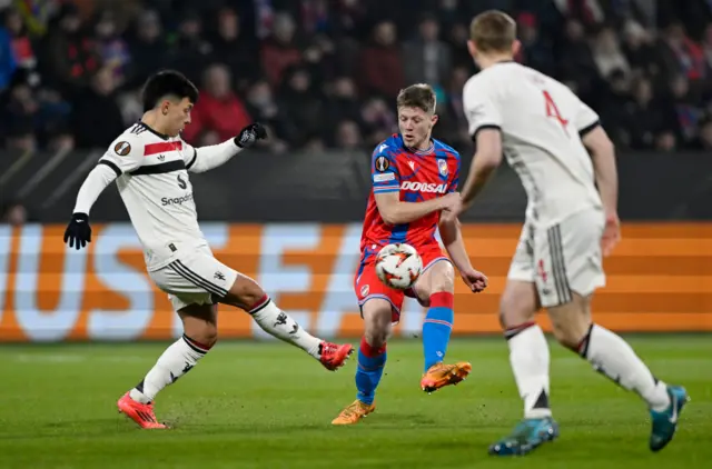 Viktoria Plzen's Lukas Cerv in action with Manchester United's Lisandro Martinez