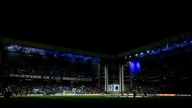A general view of the light show during a UEFA Conference League 2024/25 League Phase MD5 match between FC Copenhagen and Heart of Midlothian at Parken Stadium