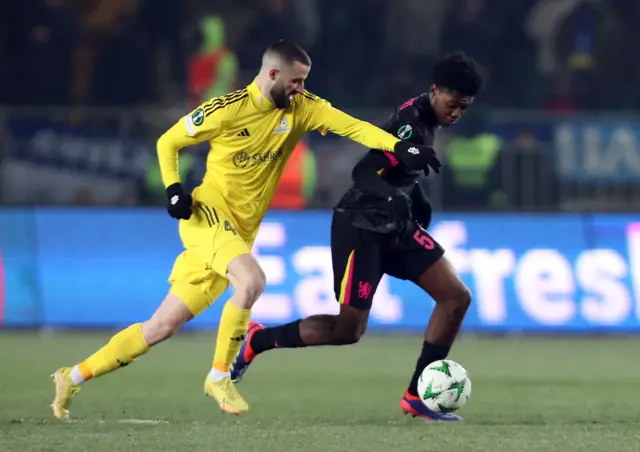 Chelsea's Samuel Rak-Sakyi in action with FC Astana's Aleksa Amanovic