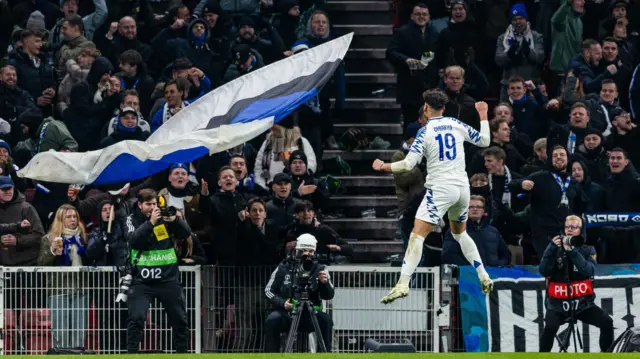 Copenhagen's Amin Chiakha celebrates as he scores to make it 1-0 during a UEFA Conference League 2024/25 League Phase MD5 match between FC Copenhagen and Heart of Midlothian at Parken Stadium