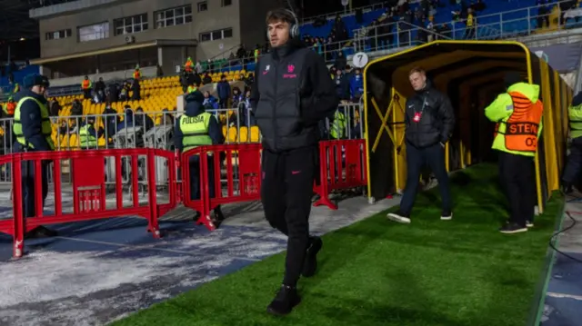 Marc Guiu of Chelsea arrives at the stadium