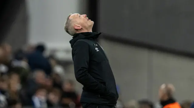 Heart of Midlothian Head Coach Neil Critchley looks dejected during a UEFA Conference League 2024/25 League Phase MD5 match between FC Copenhagen and Heart of Midlothian at Parken Stadium,