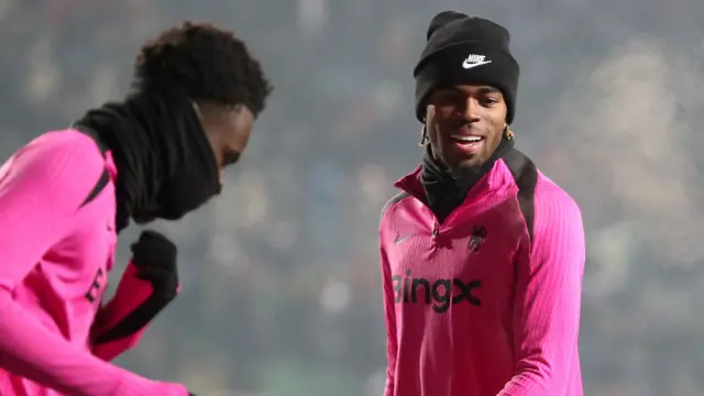 Chelsea's Carney Chukwuemeka with teammates during the warm up before the match