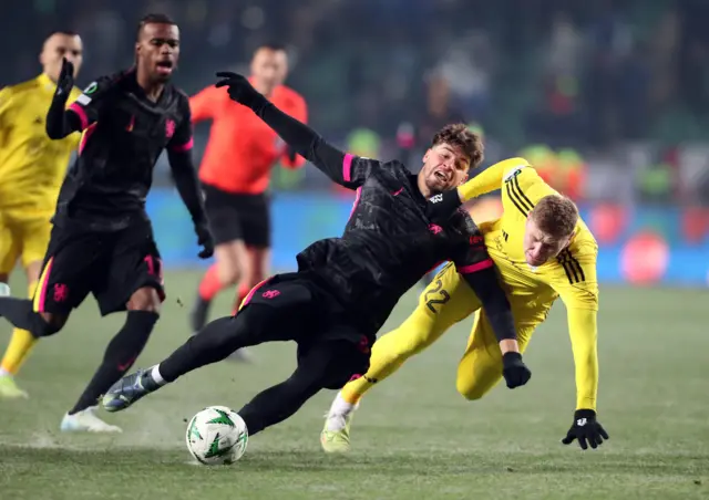 Chelsea's Marc Guiu in action with FC Astana's Aleksandr Marochkin