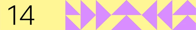 A yellow banner with the number 14 and a purple triangle geometric pattern to the right of the image