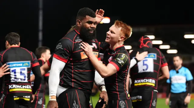 Tuisue celebrates his try for Gloucester against Edinburgh