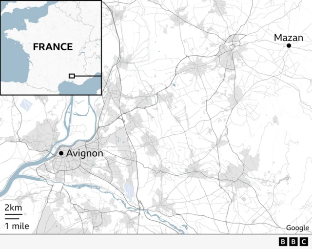 A map showing the location of Mazan in relation to Avignon - it lies to the north-east