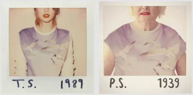 An older woman with short white hair recreates Taylor Swift's 1989 album cover. The cover (L) features an instand print photo of Taylor Swift wearing red lipstick and a purple t-shirt with seagulls on. At the bottom of the photo "T.S. 1989" is written in black pen. In the recreation, the bottom of the photo reads "P.S. 1939"