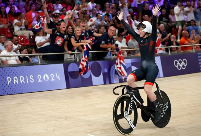 Emma Finucane celebrates at the Olympics