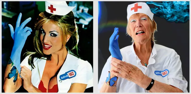 To the left is the original cover of Blink-182's album Enema of the state featuring a blonde woman wearing an unbuttoned nurse uniform, a red bra visible underneath, as she puts on a blue glove. On her arm, two tattooed blue butterflies. To the right, an elderly woman in a white shirt and nurse cap with red cross recreates the cover. She's putting on a blue glove, a paper butterfly glued to her wrist