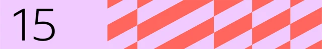 Lilac banner with the number 15 to the left of the frame and a red geometric pattern on the right