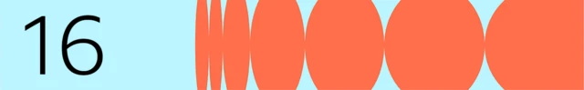 Light blue banner with the number 16 and an orange circular geometric pattern on the right