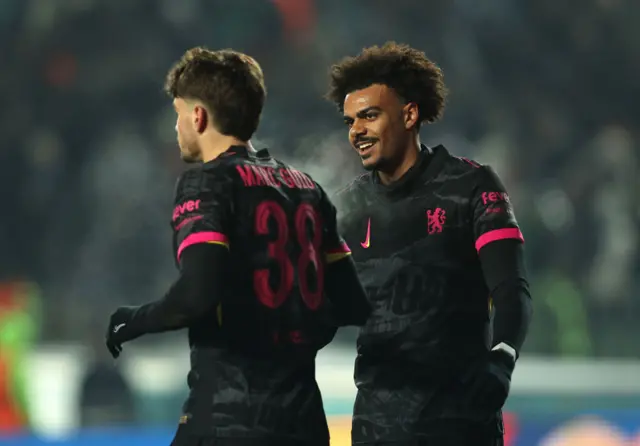 Marc Guiu and Renato Veiga celebrate during Chelsea's win over Astana