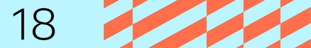 A blue banner with the number 18 and an orange geometric pattern on the right