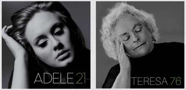 An older woman with white hair recreates Adele's 21 album. The original cover (L) is black and white and features Adele wearing a black top leaning her head on her hand. In the second version (R), the older woman is wearing a black top and using her right hand to brush back her hair. The text reads "Teresa 76" instead of "Adele 21"