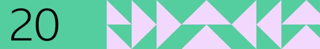 A green banner with the number 20 to the left and a purple geometric pattern on the right