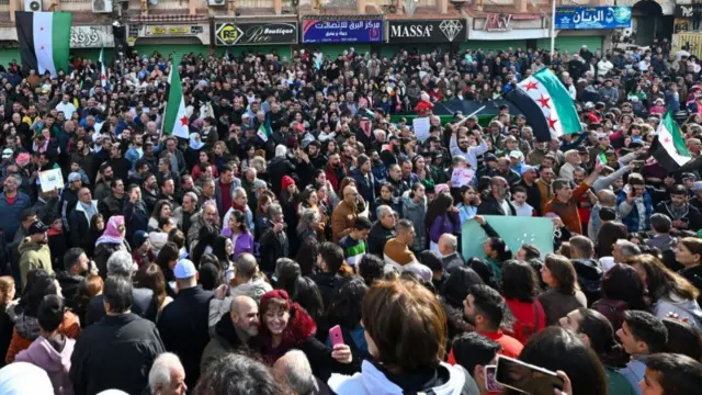 Crowd of hundreds of people gathered, some waving flags of the Syrian opposition.