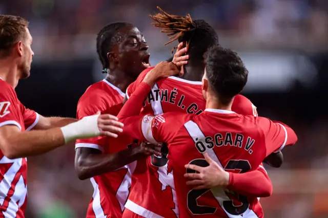 Pathe Ciss of Rayo Vallecano celebrates after scoring their side's first goal with teammates