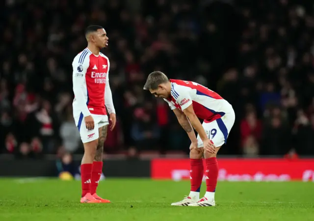 Arsenal's Leandro Trossard and Gabriel Jesus during the Premier League match