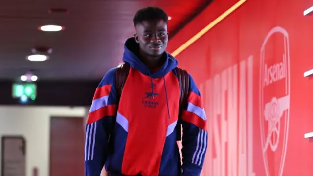 Bukayo Saka arrives at the stadium prior to the Premier League match between Arsenal and Everton