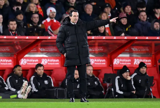 Unai Emery directs his Villa players against Nottingham Forest