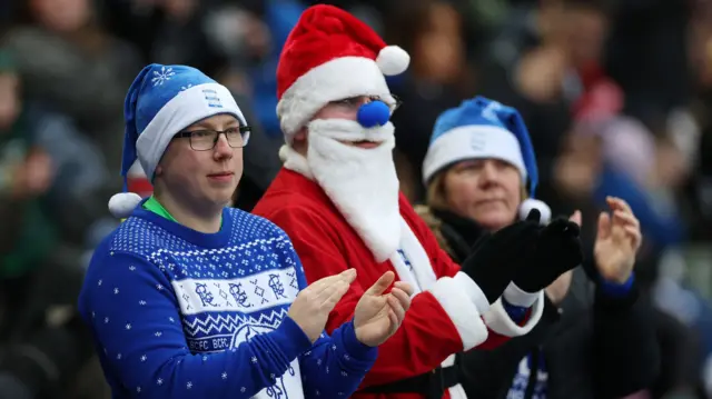 Birmingham City fans in festive clothing