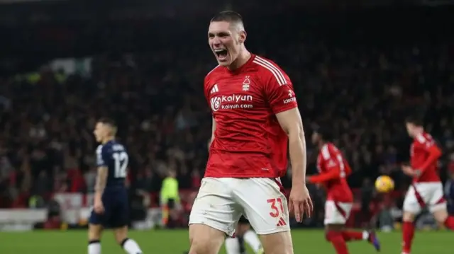 Nikola Milenkovic celebrates after scoring for Nottingham Forest