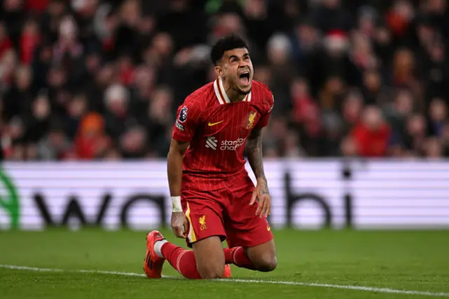 Luis Diaz reacts during the Premier League match between Liverpool and Fulham