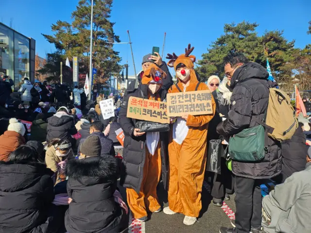 Protesters in Rudolf outfits