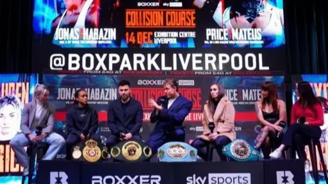 Lauren Price (left) takes part in the pre-fight press conference alongside Natasha Jonas - with their opponents Ivana Habazin and Bexcy Mateus sat to the right.