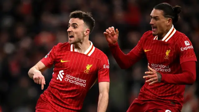 Diogo Jota of Liverpool celebrates scoring his team's second goal