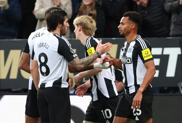 Newcastle United's Jacob Murphy celebrates scoring their first goal with Sandro Tonali, Anthony Gordon and Joelinton Action