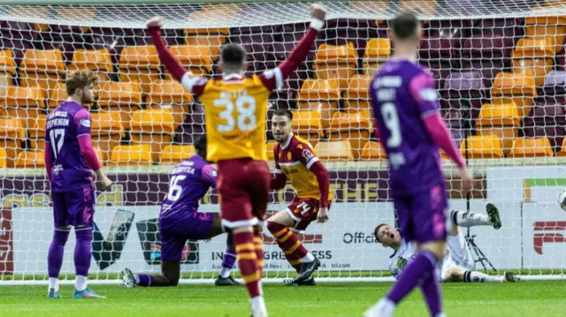 Apostolos Stamatelopoulos scores for Motherwell against Dundee United