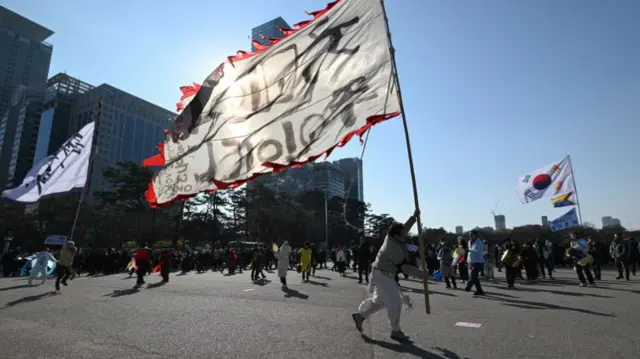 A man holding a giant white flag among other protesters