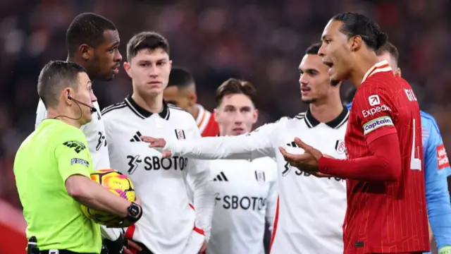 Virgil van Dijk talks to referee vs Fulham