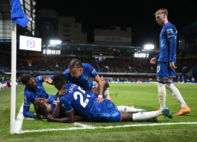 Nicolas Jackson of Chelsea celebrates scoring his team's second goal with teammates