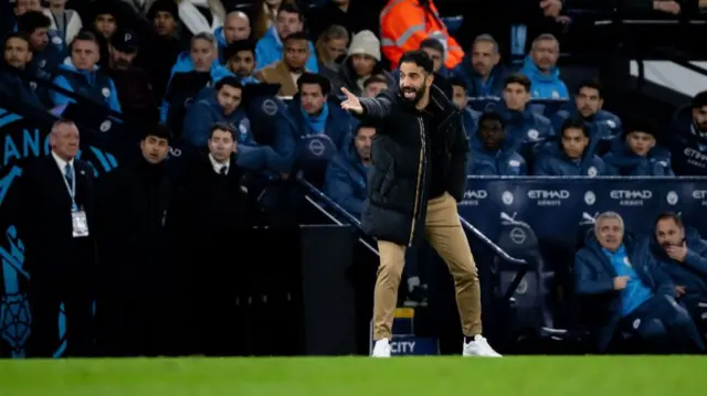 Ruben Amorim, Manager of Manchester United, reacts