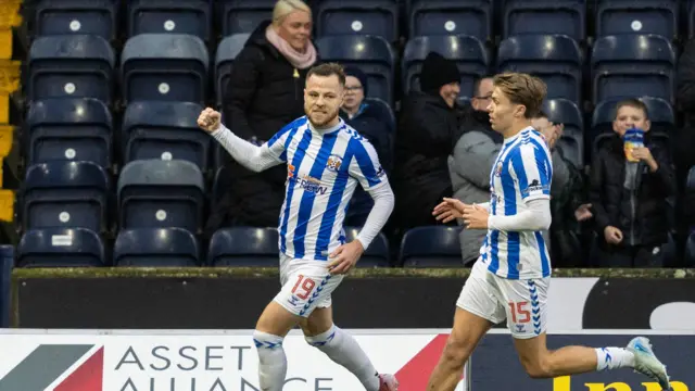 Kilmarnock's Bruce Anderson celebrates after he scores from the penalty spot to make it 1-0 during a William Hill Premiership match between Kilmanock and Heart of Midlothian at Rugby Park