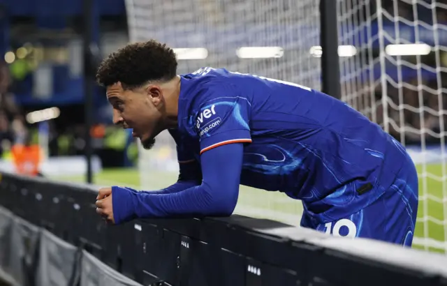 Chelsea's Jadon Sancho reacts after missing a chance to score