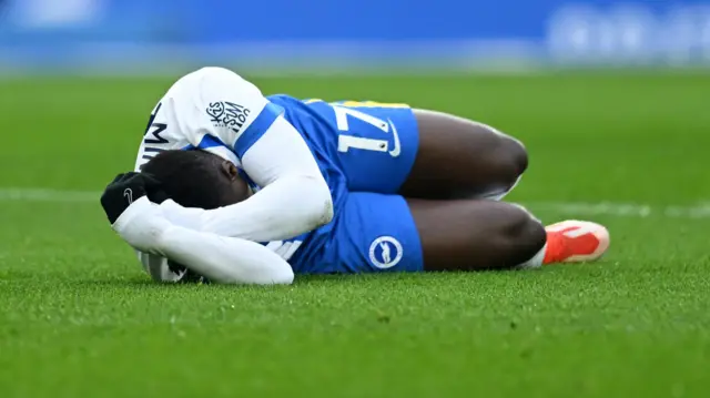 Brighton & Hove Albion's Yankuba Minteh reacts after sustaining an injury