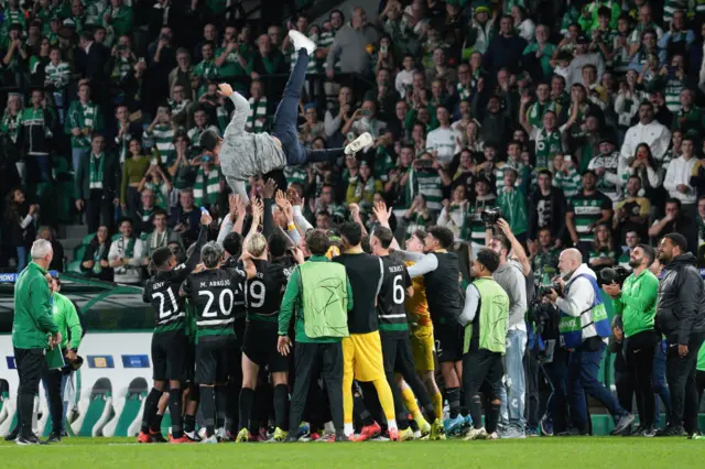 Ruben Amorim thrown in the air after Man City victory