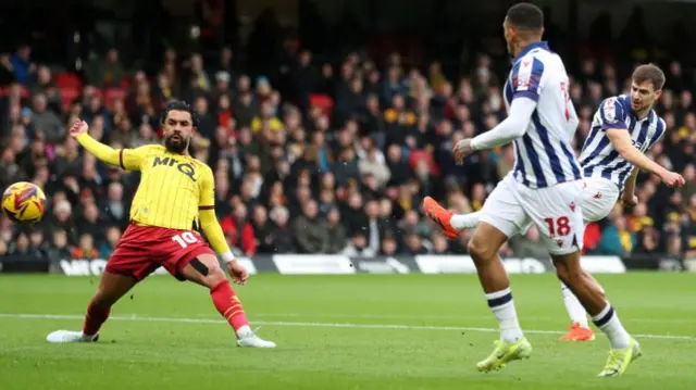 Jayson Molumby, of West Bromwich Albion, shoots against Watford