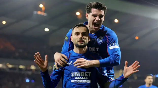 Rangers scorer Nedim Bajrami celebrates with Ianis Hagi